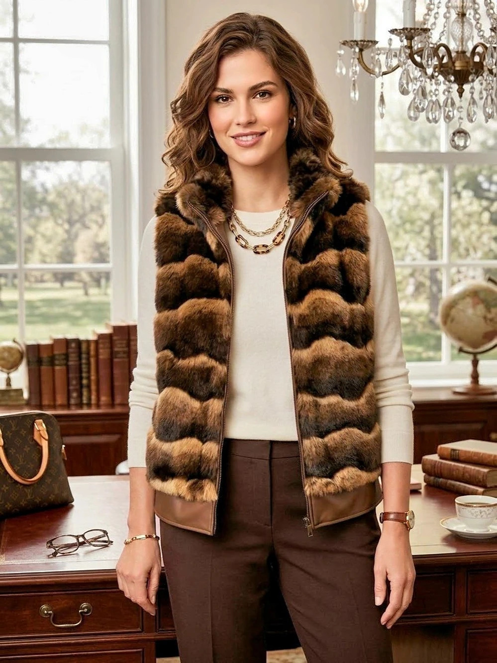 Chico's Faux Fur Vest in Brown & Black Size 1 NWT